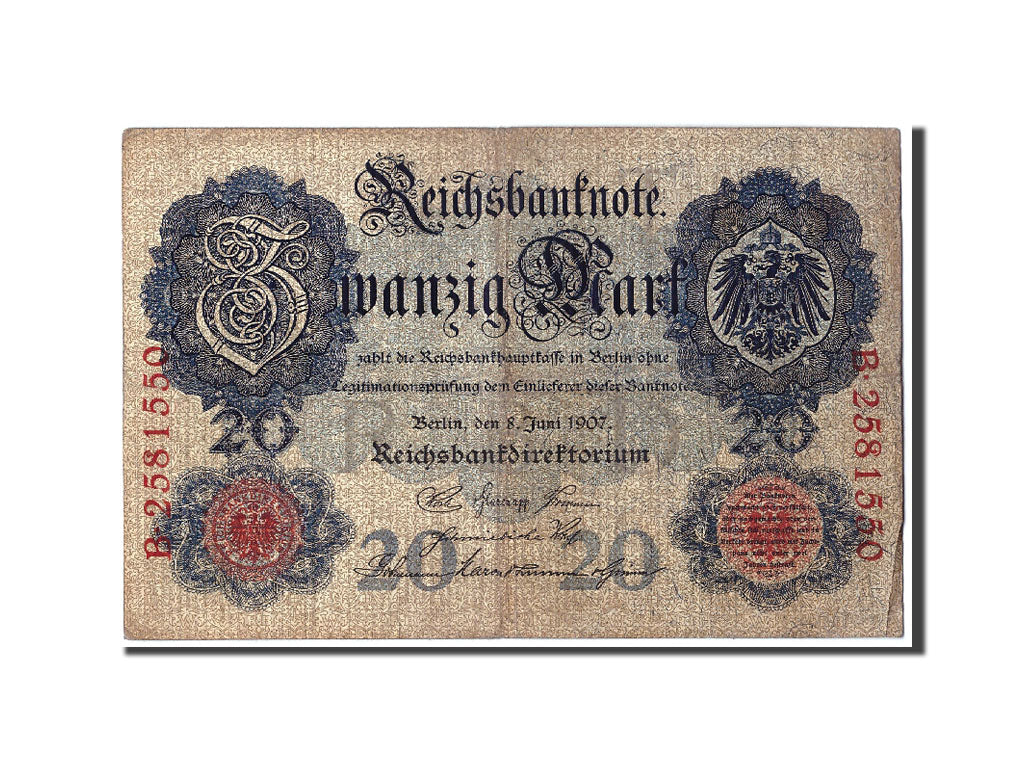 Banknote, Germany, 20 Mark, 1907, 1907-06-08, KM:28, F(12-15)