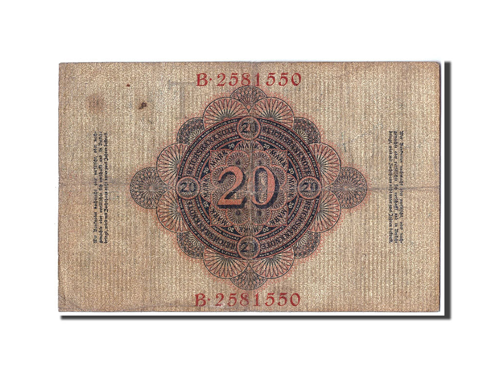 Banknote, Germany, 20 Mark, 1907, 1907-06-08, KM:28, F(12-15)