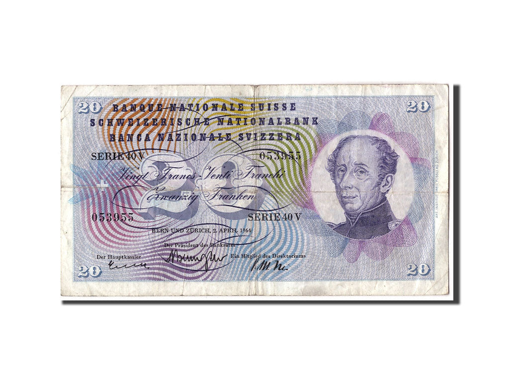 Banconote, Svizzera, 20 Franken, 1964, KM:46k, 1964-04-02, MB