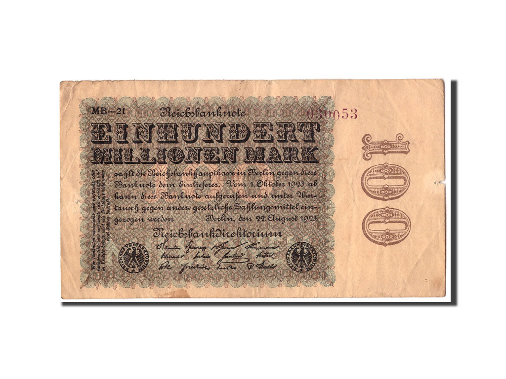 Germany, 100 Millionen Mark, 1923, KM:107d, 1923-08-22, VF(20-25)