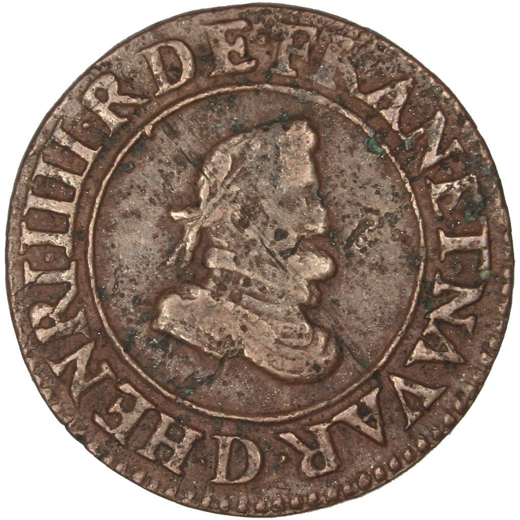 FRANCE, Double Tournois, 1607, Lyons, VF(30-35), Copper, 2.58