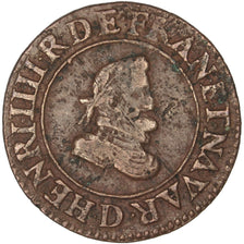 FRANCE, Double Tournois, 1607, Lyons, VF(30-35), Copper, 2.58