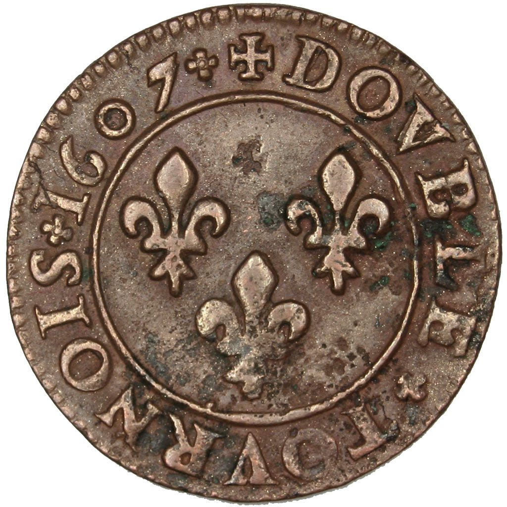 FRANCE, Double Tournois, 1607, Lyons, VF(30-35), Copper, 2.58