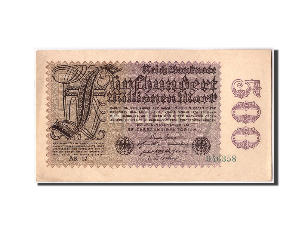 Germany, 500 Millionen Mark, 1923, KM:110e, 1923-09-01, AU(50-53)
