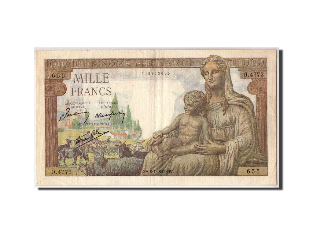 France, 1000 Francs Déesse Demeter, 1943-04-08, KM:102, Fayette:40.21, AU(50-53)