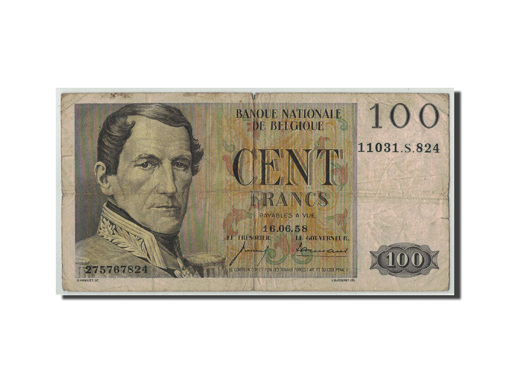 Belgium, 100 Francs, 1958, KM:129c, 1958-06-16, VG(8-10)