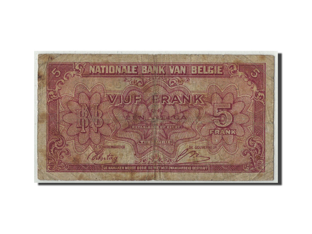 Banknote, Belgium, 5 Francs-1 Belga, 1943, 1943-02-01, KM:121, VG(8-10)