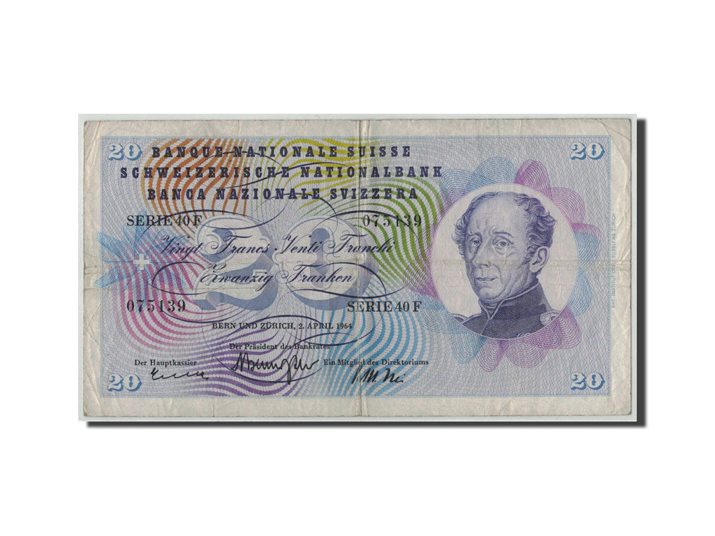 Switzerland, 20 Franken, 1964, 1964-04-02, KM:46k, VG(8-10)