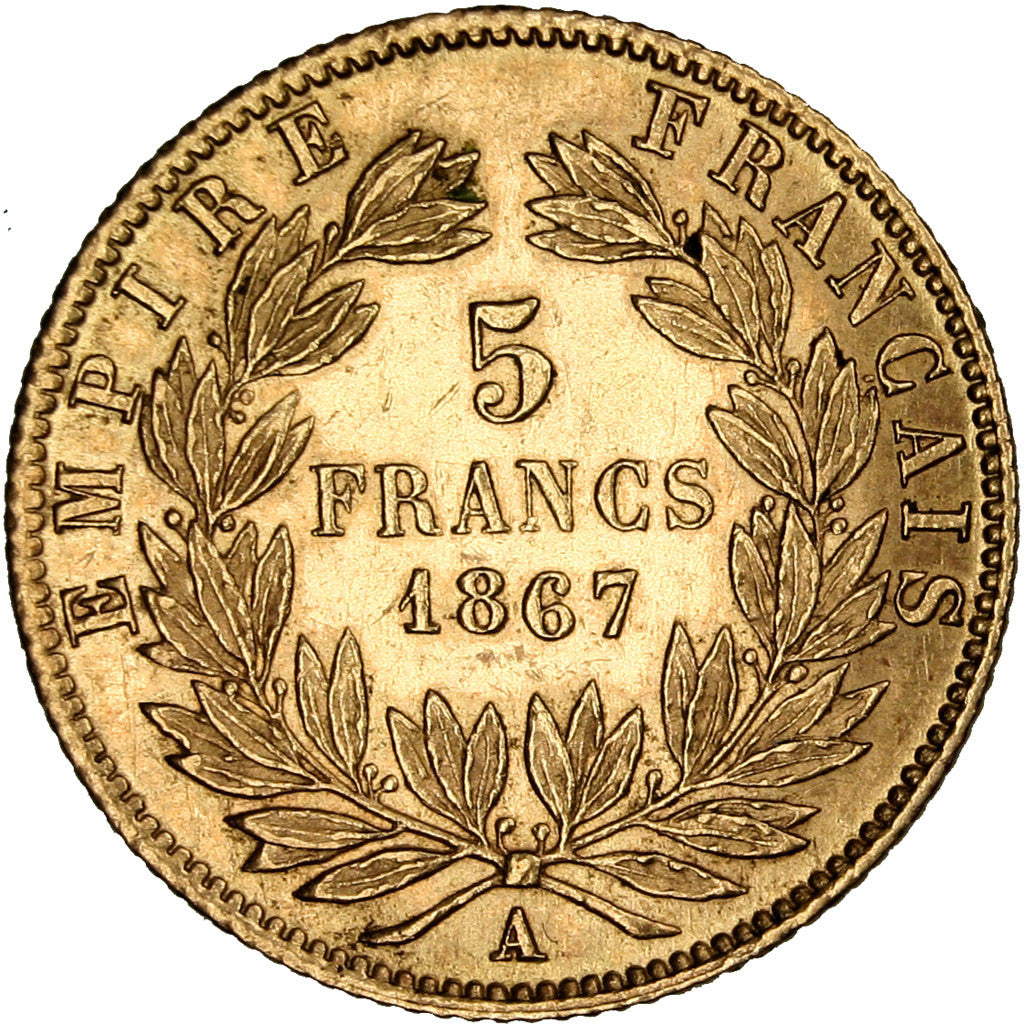 FRANCE, Napoléon III, 5 Francs, 1867, Paris, KM #803.1, AU(55-58), Gold, Gadoury