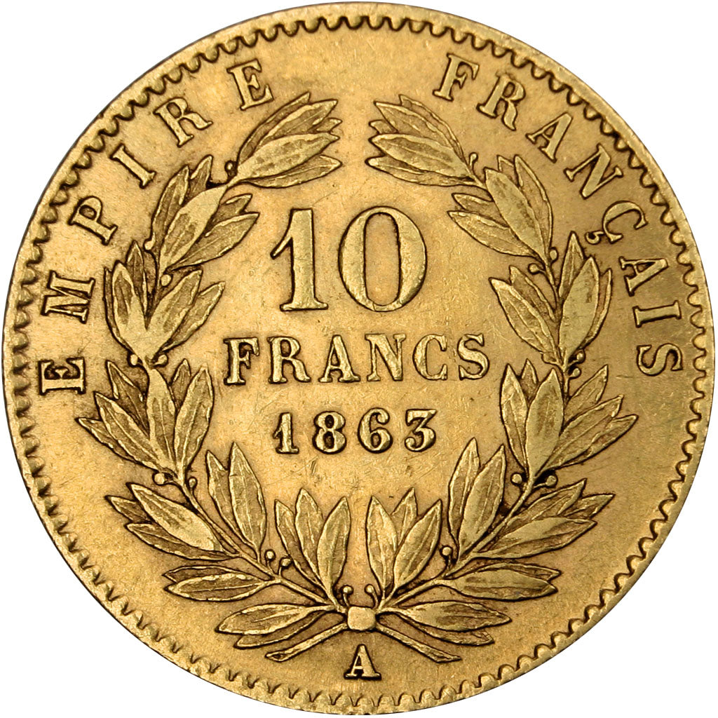 FRANCE, Napoléon III, 10 Francs, 1863, Paris, KM #800.1, AU(50-53), Gold, Gadour