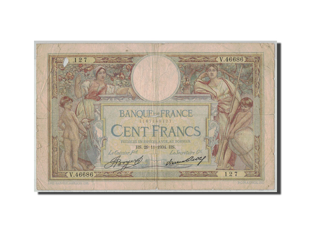Banknote, France, 100 Francs, 100 F 1908-1939 ''Luc Olivier Merson'', 1934