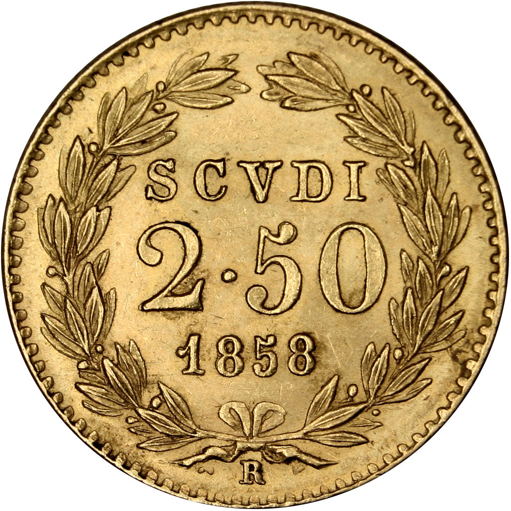 Vatican, 2 1/2 Scudi, 1858, Roma, AU(55-58), Gold, 4.32