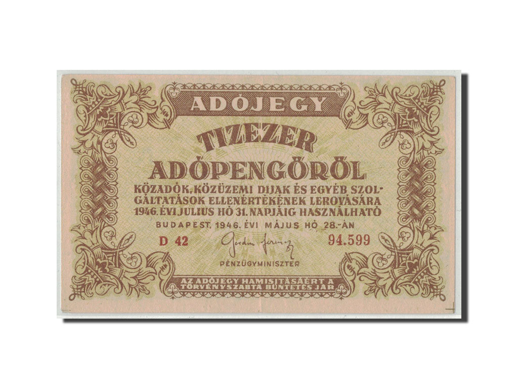 Banknote, Hungary, 10,000 (Tizezer) Adópengö, 1946, 1946-05-28, KM:143a