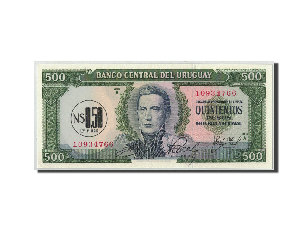 Banknote, Uruguay, 0.50 Nuevo Peso on 500 Pesos, Undated (1975), KM:54