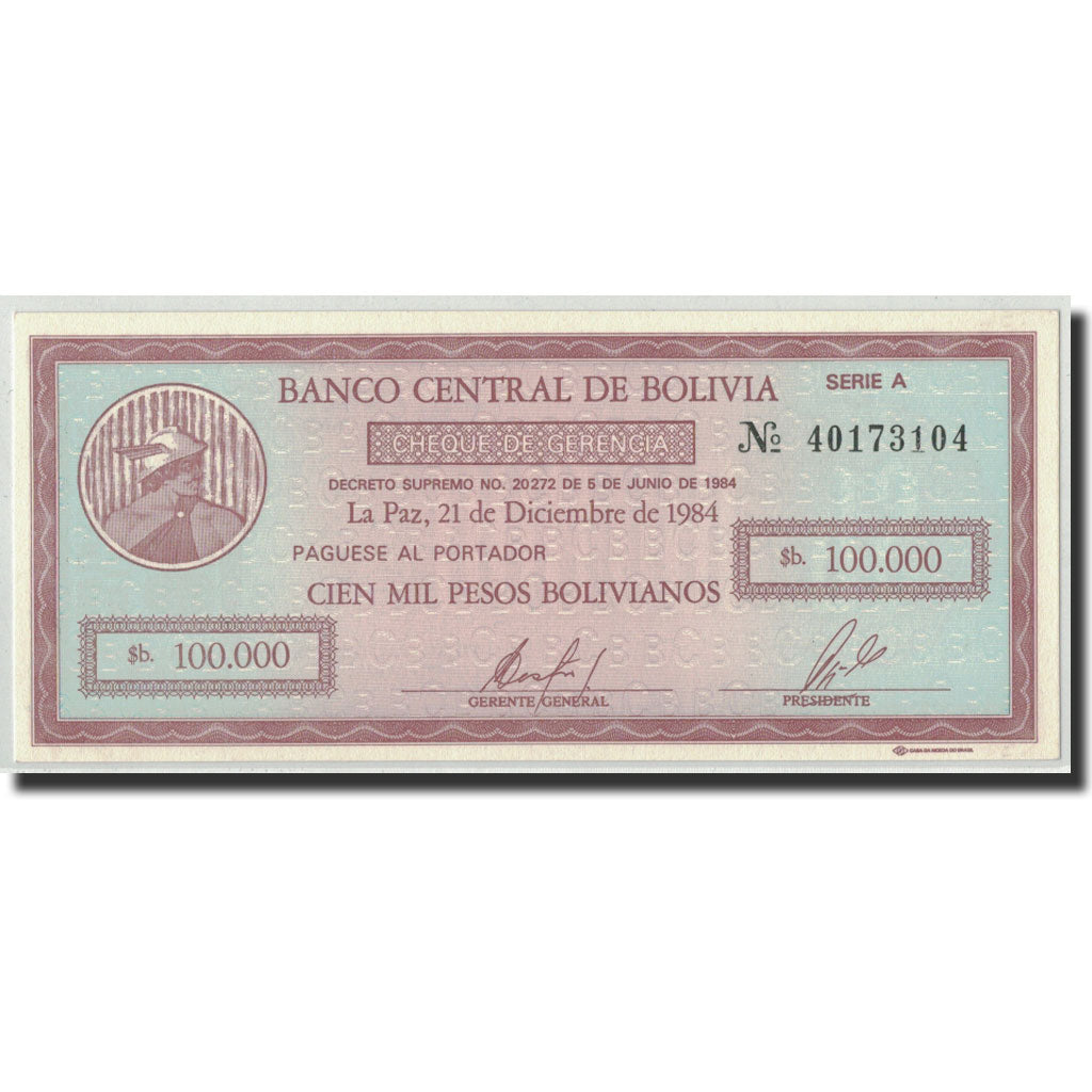 Banknote, Bolivia, 10 Centavos on 100,000 Pesos Bolivianos, Undated (1987)