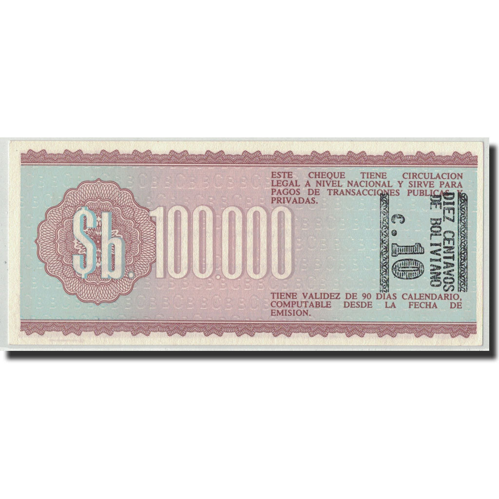 Banknote, Bolivia, 10 Centavos on 100,000 Pesos Bolivianos, Undated (1987)