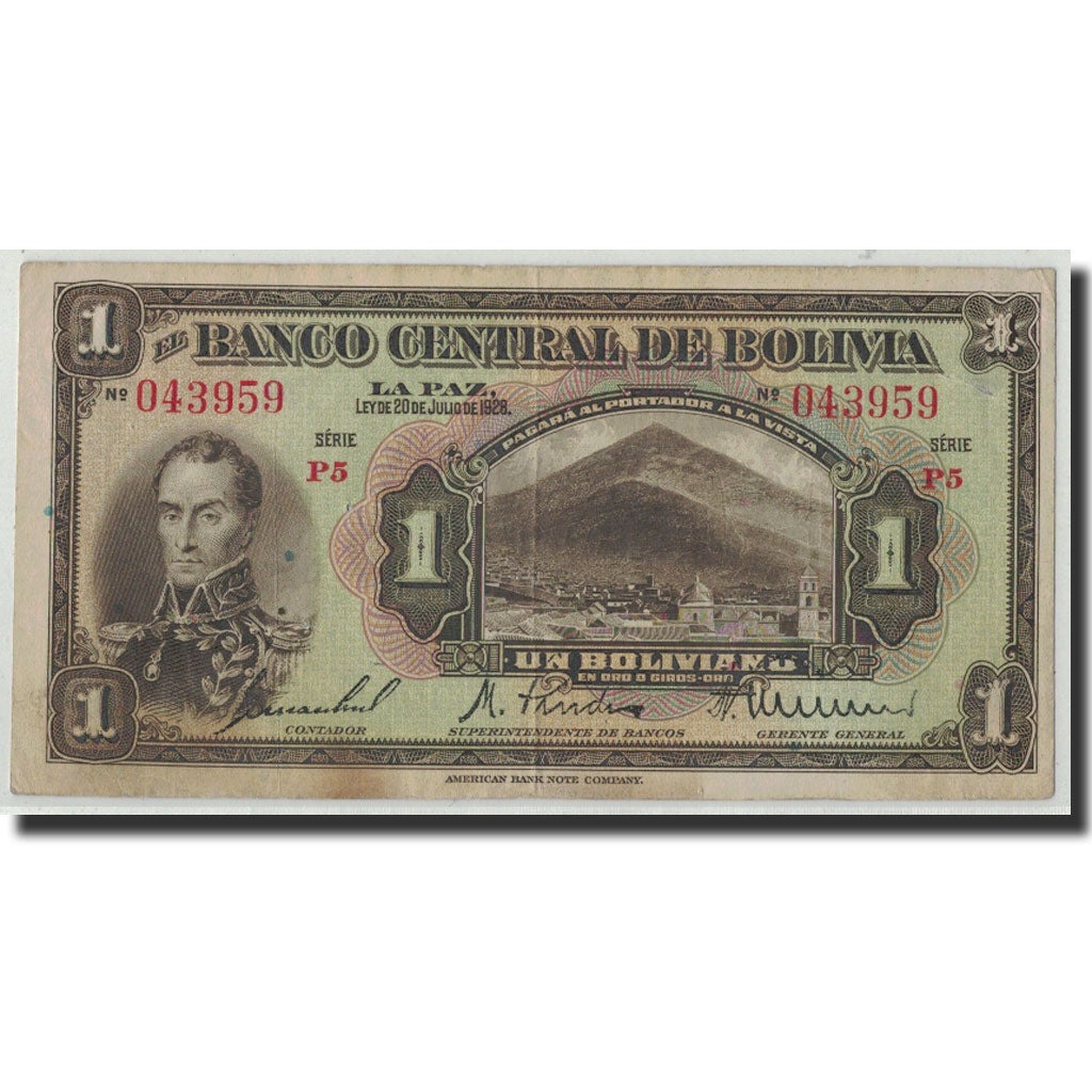 Geldschein, Bolivien, 1 Boliviano, 1928, 1928-07-20, KM:118a, S