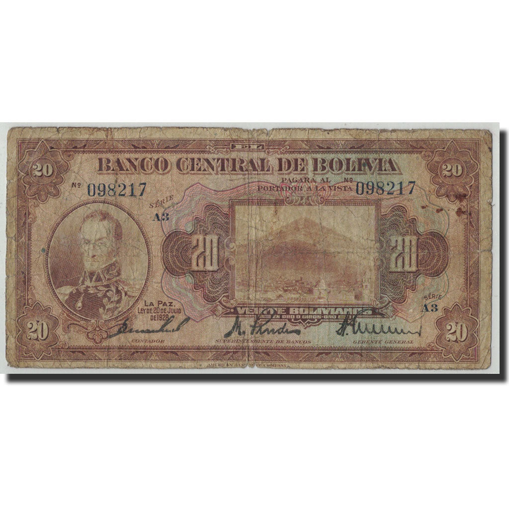Banknote, Bolivia, 20 Bolivianos, 1928, 1928-07-20, KM:131, VG(8-10)