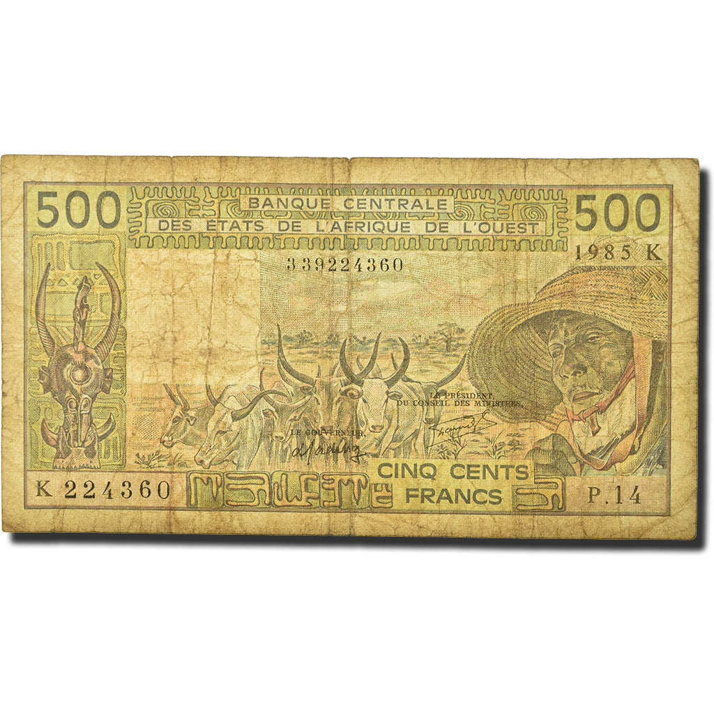 Banknote, West African States, 500 Francs, 1985, KM:706Kh, VG(8-10)