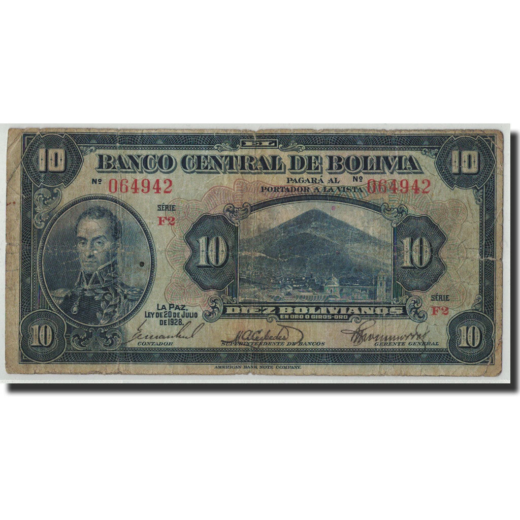 Bolivia, 10 Bolivianos, 1928, KM:121a, 1928-07-20, VG(8-10)