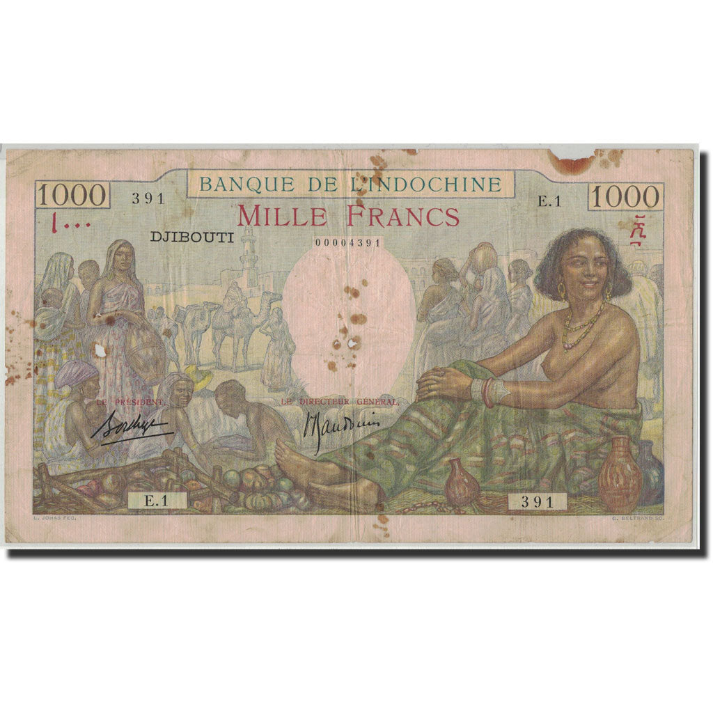 French Somaliland, 1000 Francs, Undated (1938), KM:10, VG(8-10)