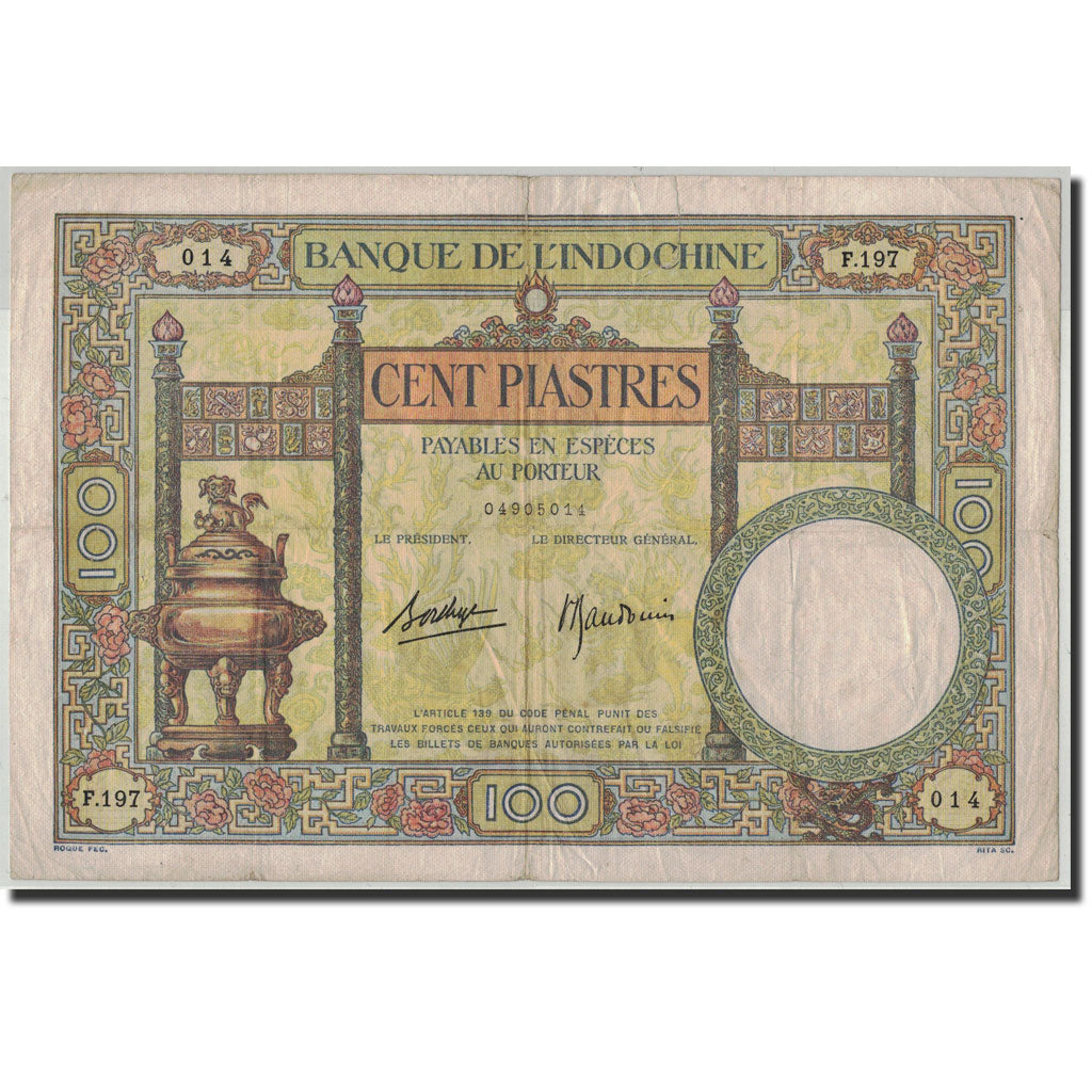 FRENCH INDO-CHINA, 100 Piastres, Undated (1936-39), KM:51d, TB+