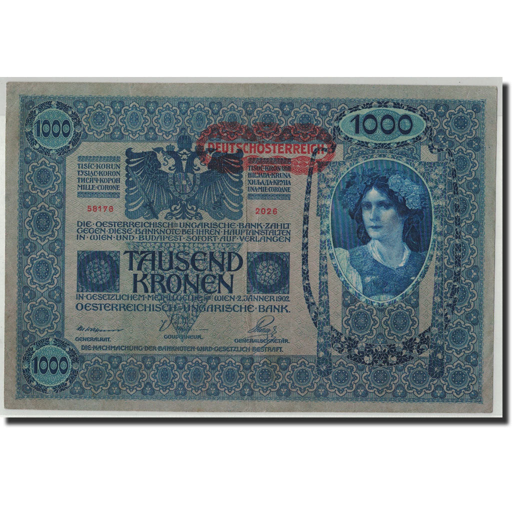 Austria, 1000 Kronen, Undated (1919), 1922-01-02, KM:60, EF(40-45)