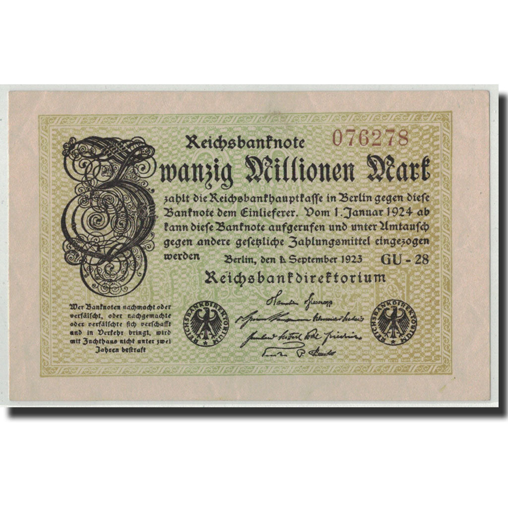 Germania, 20 Millionen Mark, 1923, KM:108c, 1923-09-01, SPL