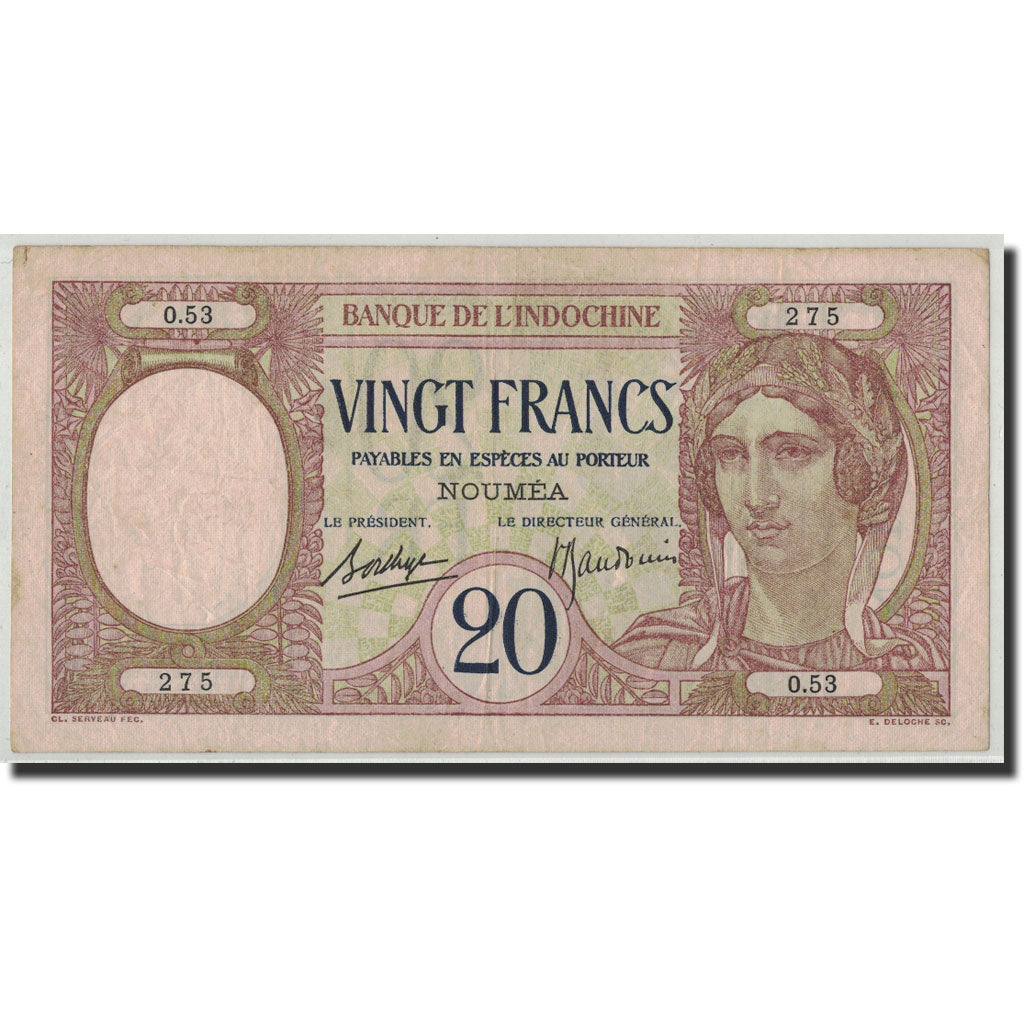 New Caledonia, 20 Francs, Undated (1929), KM:37b, VF(20-25)