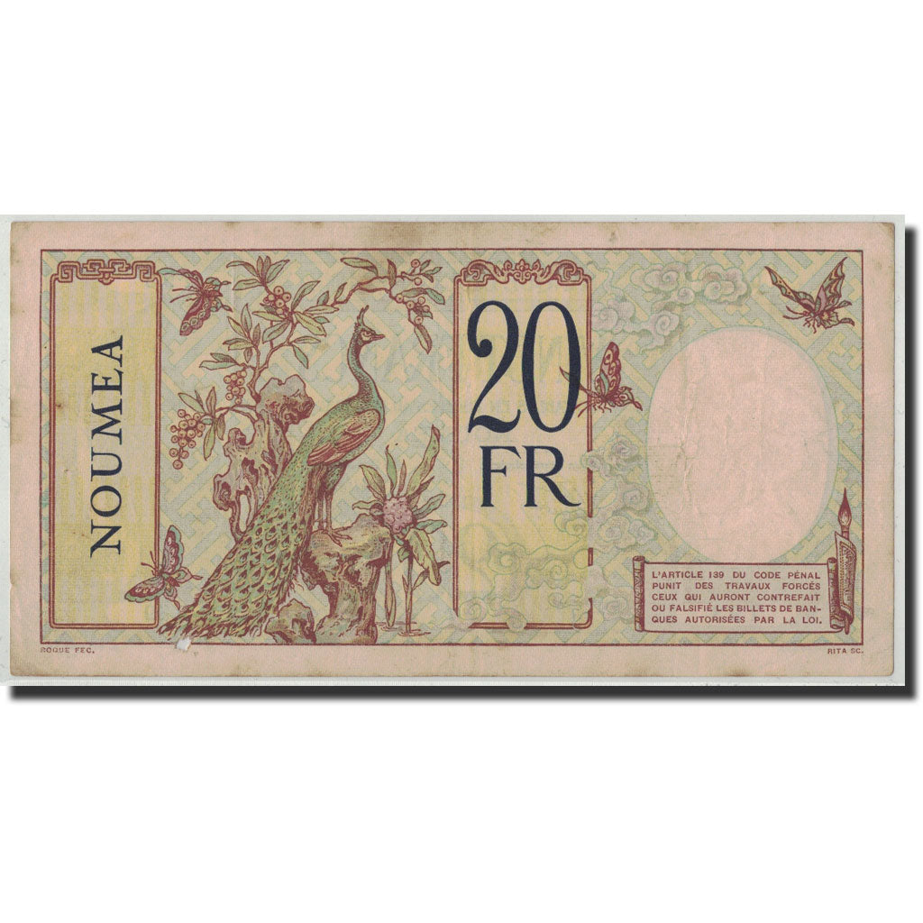 Banknote, New Caledonia, 20 Francs, Undated (1929), KM:37a, VF(20-25)