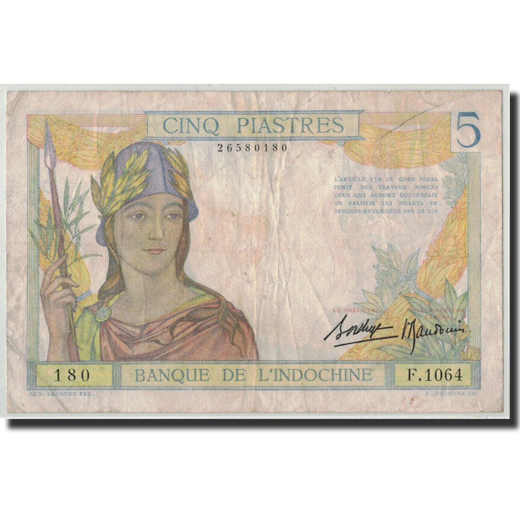 FRENCH INDO-CHINA, 5 Piastres, Undated (1936), KM:55b, VF(20-25)