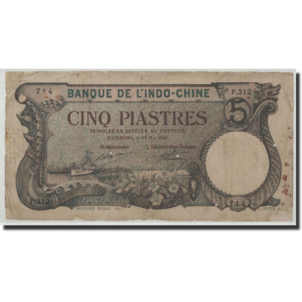FRENCH INDO-CHINA, 5 Piastres, 1920, KM:19, 1920-05-27, VG(8-10)
