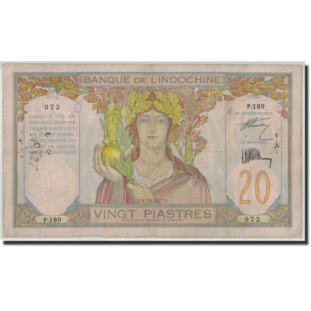 Biljet, FRANS INDO-CHINA, 20 Piastres, Undated (1928-31), KM:50, B+