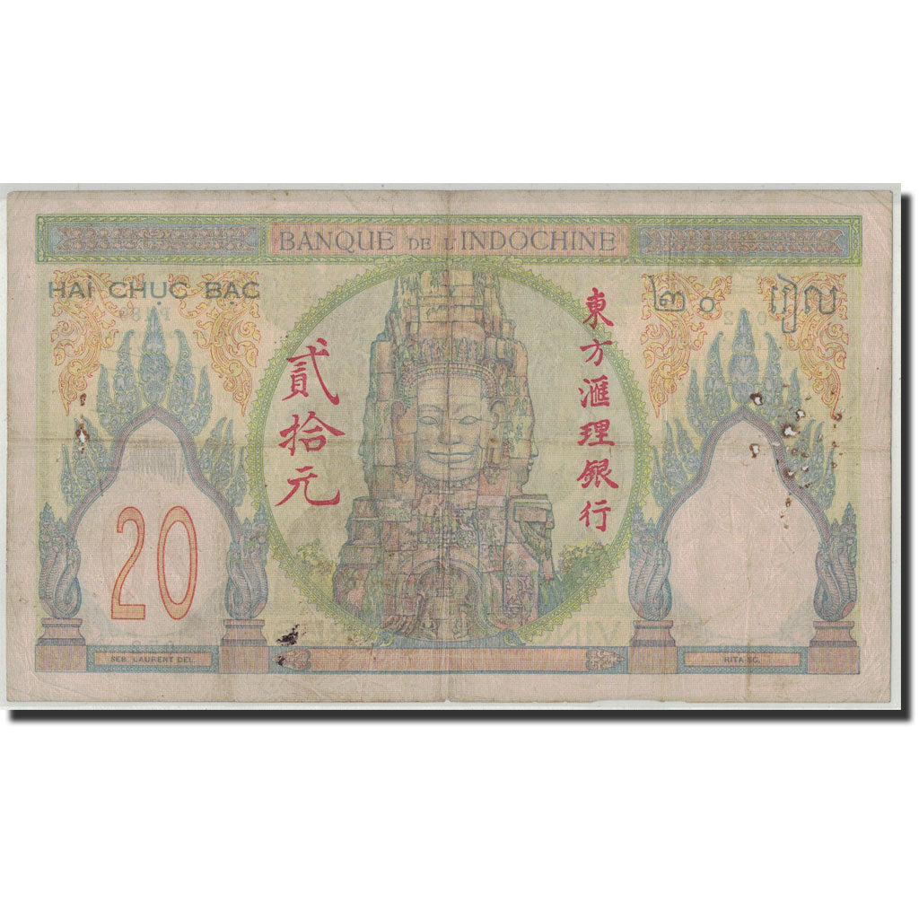 Biljet, FRANS INDO-CHINA, 20 Piastres, Undated (1928-31), KM:50, B+