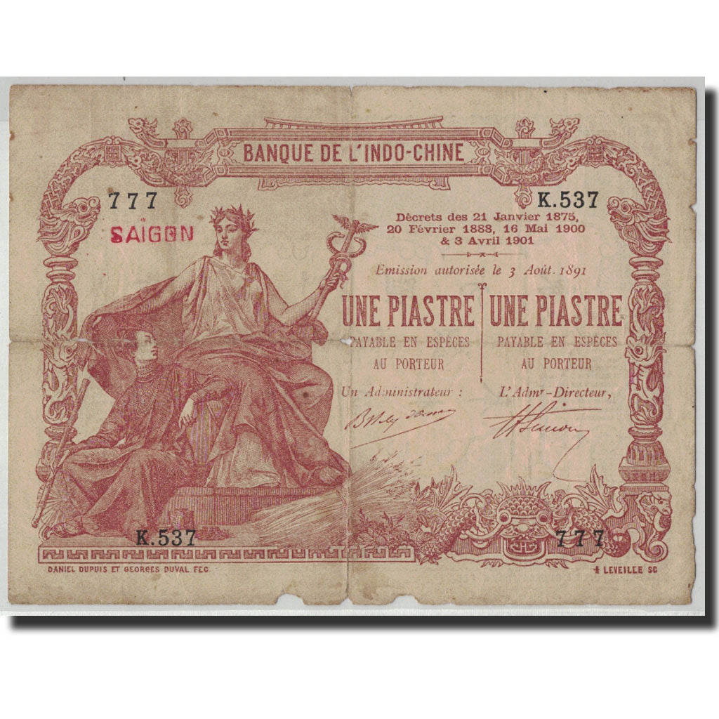 FRENCH INDO-CHINA, 1 Piastre, Undated (1909-21), KM:34b, F(12-15)