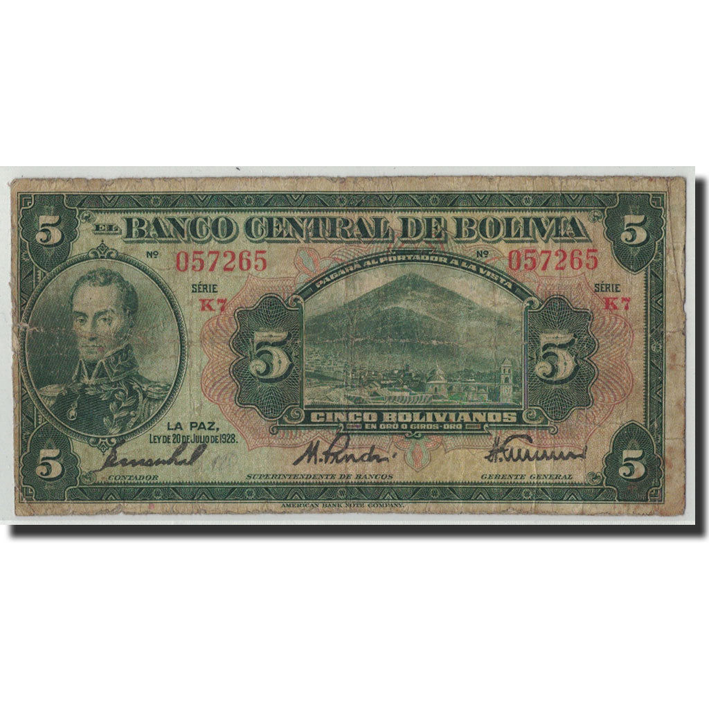 Banknote, Bolivia, 5 Bolivianos, 1928, 1928-07-20, KM:120A, VG(8-10)