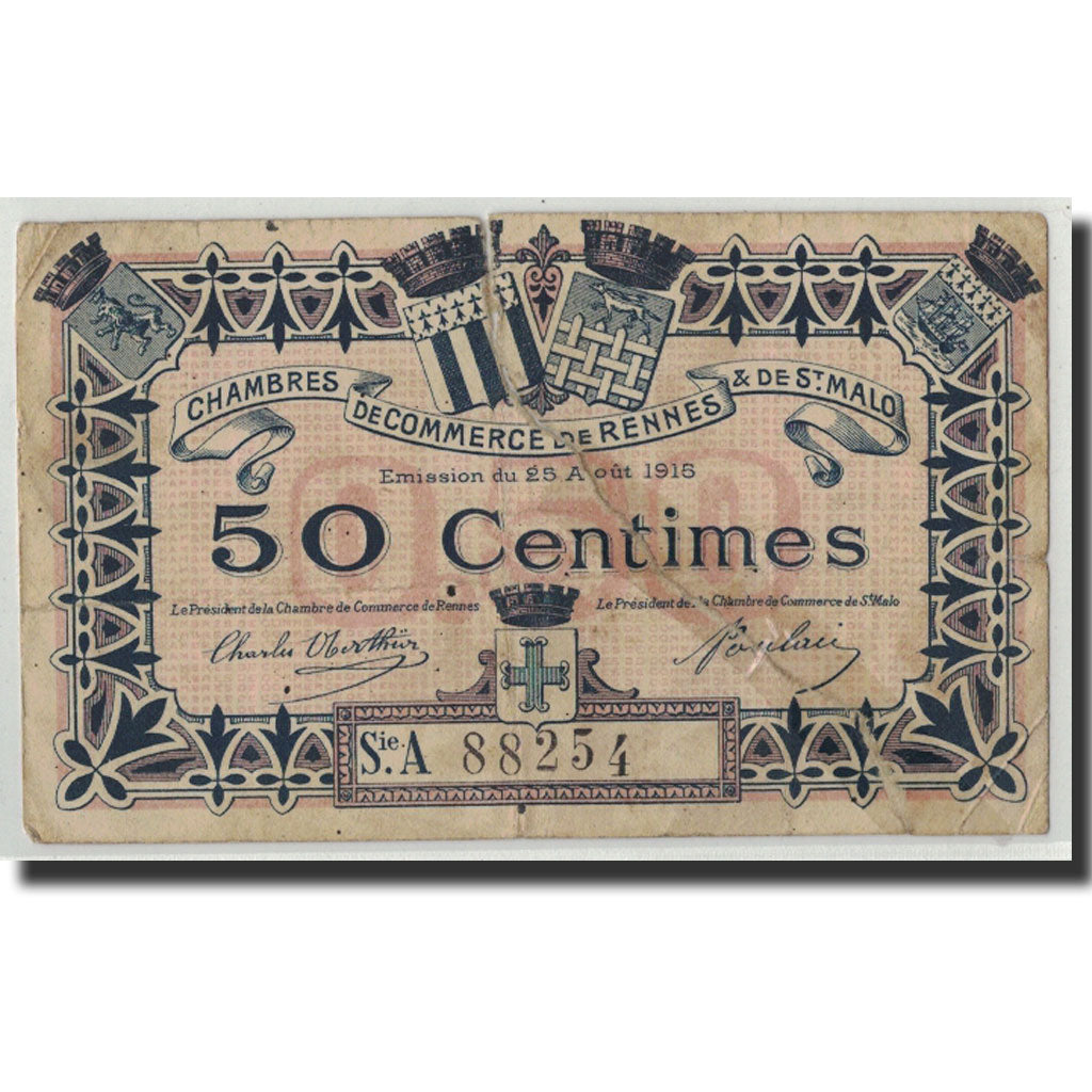 Banknote, Pirot:105-10, 50 Centimes, 1915, France, VG(8-10), Rennes et