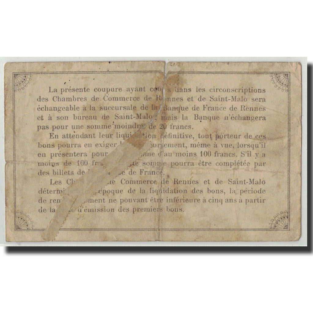 Banknote, Pirot:105-10, 50 Centimes, 1915, France, VG(8-10), Rennes et