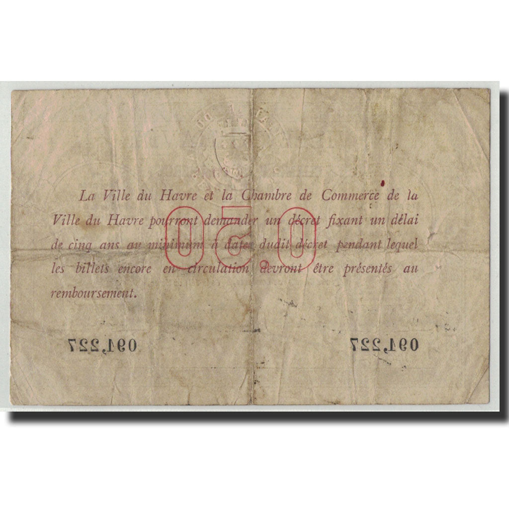 Banconote, Pirot:68-1, MB, Le Havre, 50 Centimes, Undated, Francia