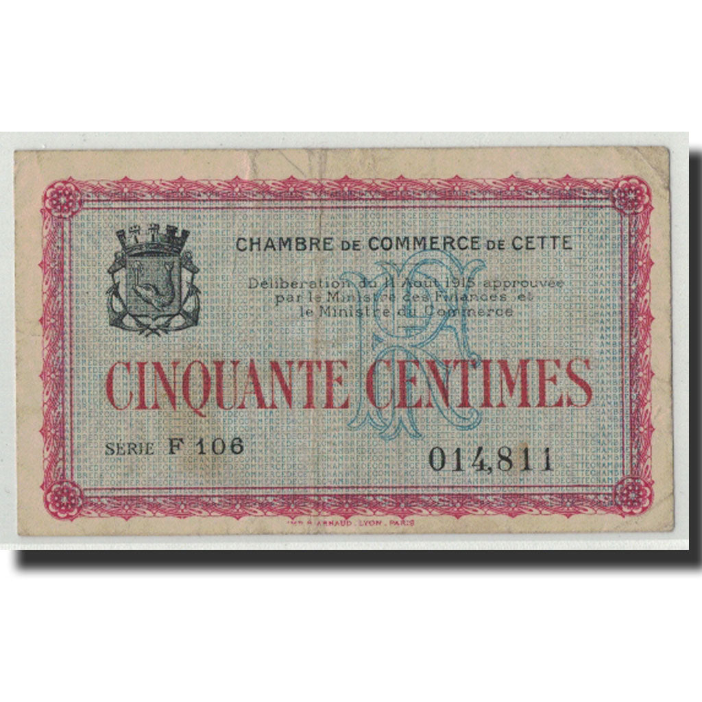 Banconote, Pirot:41-1, MB, Sète, 50 Centimes, 1915, Francia