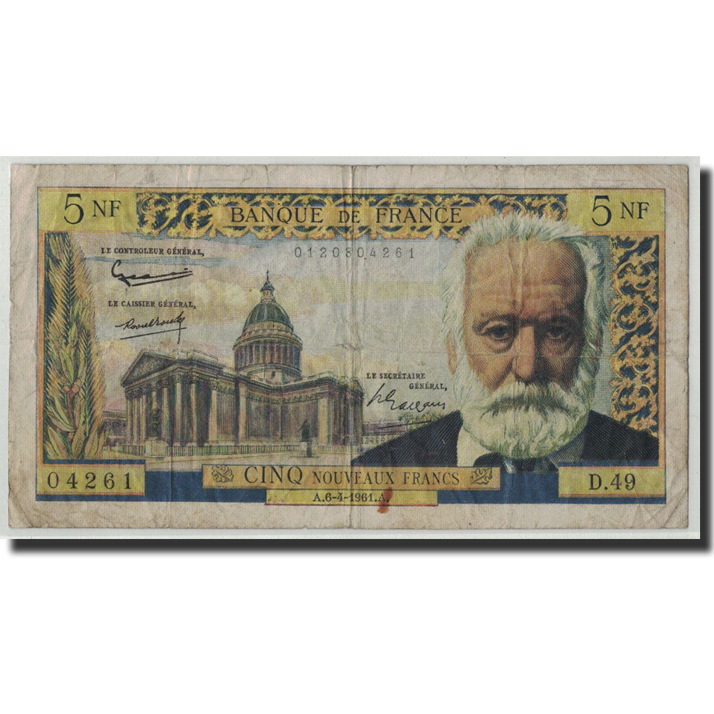 France, 5 Nouveaux Francs Victor Hugo, 1961, KM:141a, 1961-04-06, Fayette:56.7,