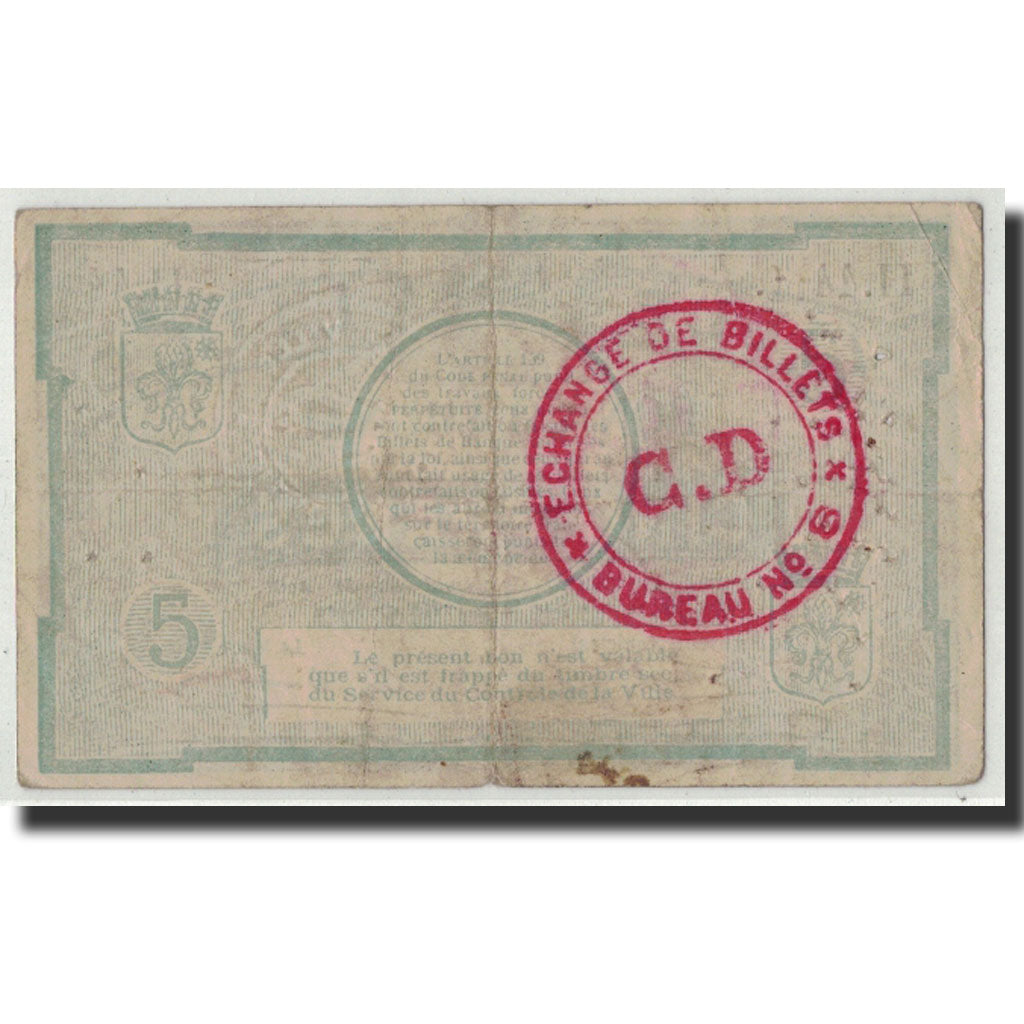 Banconote, Pirot:59-1601, MB, Lille, 5 Francs, 1914, Francia