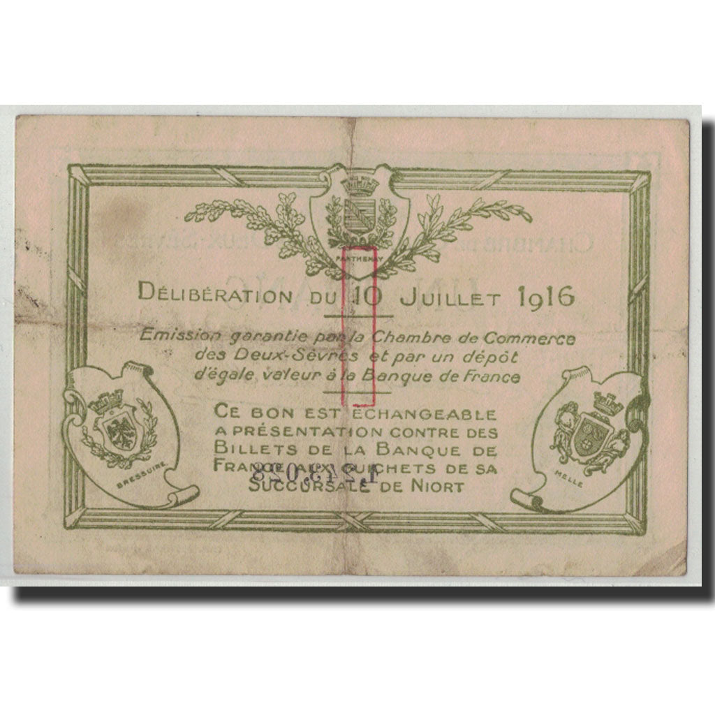 Billete, 1 Franc, Pirot:93-8, 1916, Francia, BC, Deux-Sèvres