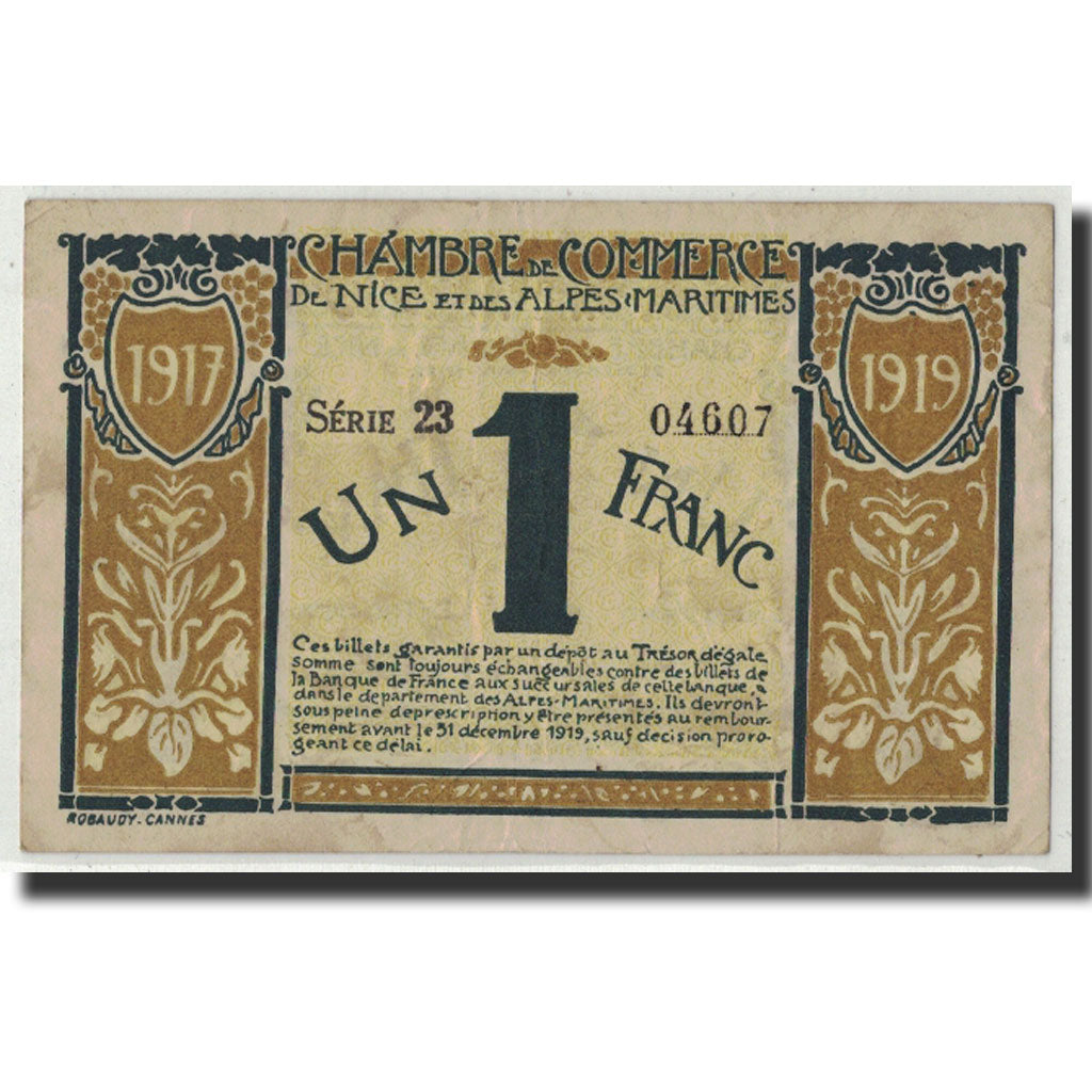 France, Nice, 1 Franc, 1917, AU(50-53), Pirot:91-5