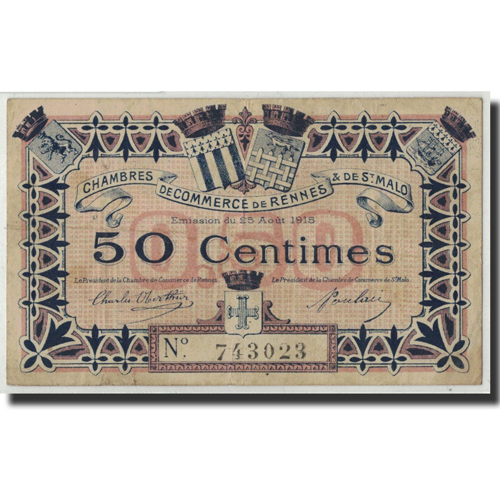 France, Rennes et Saint-Malo, 50 Centimes, 1915, VF(20-25), Pirot:105-1