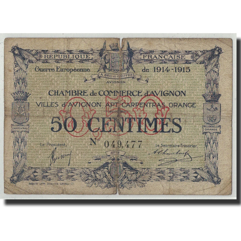Banknote, Pirot:18-1, 50 Centimes, 1915, France, VG(8-10), Avignon