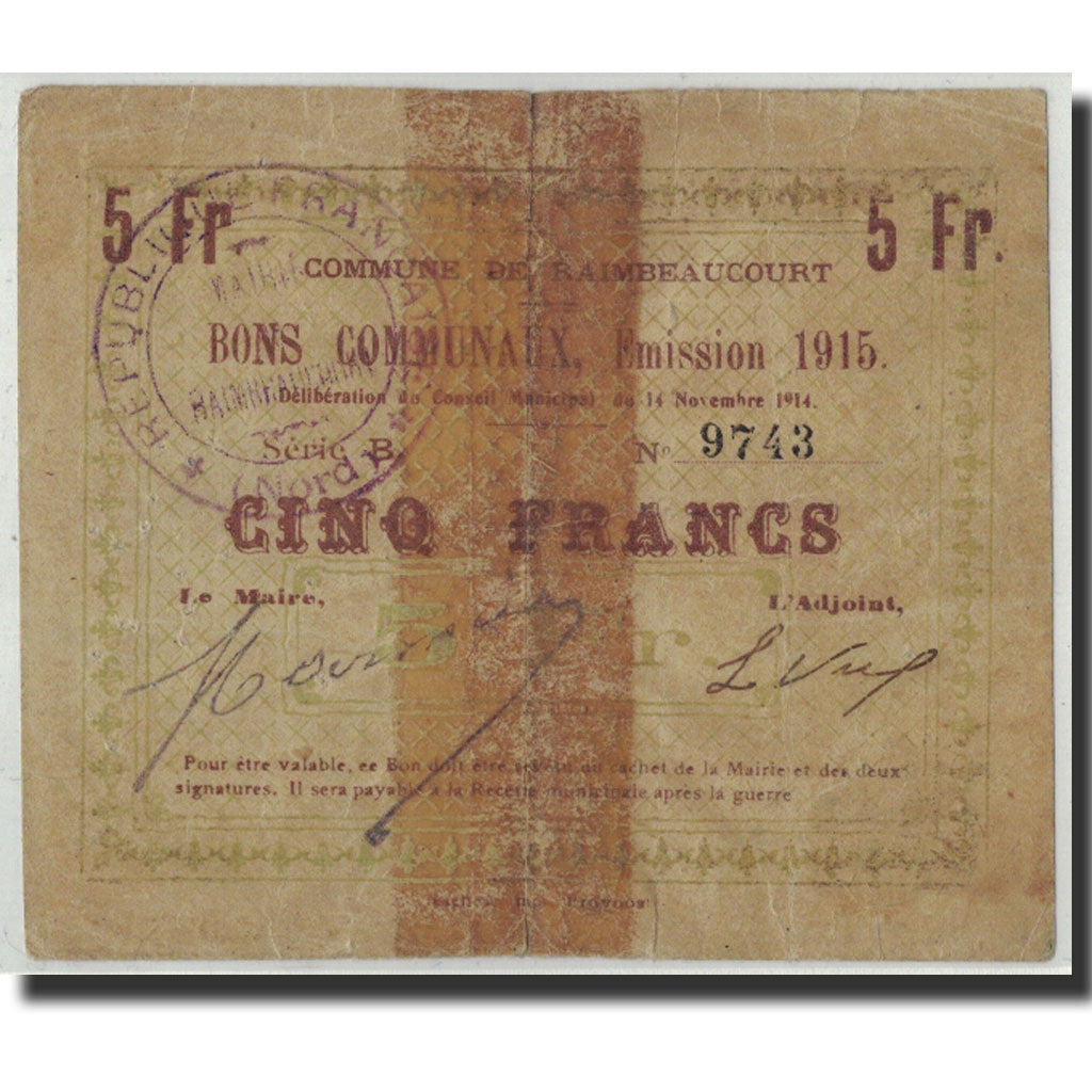 Banknote, Pirot:59-1996, 5 Francs, 1914, France, VG(8-10), Raimbeaucourt