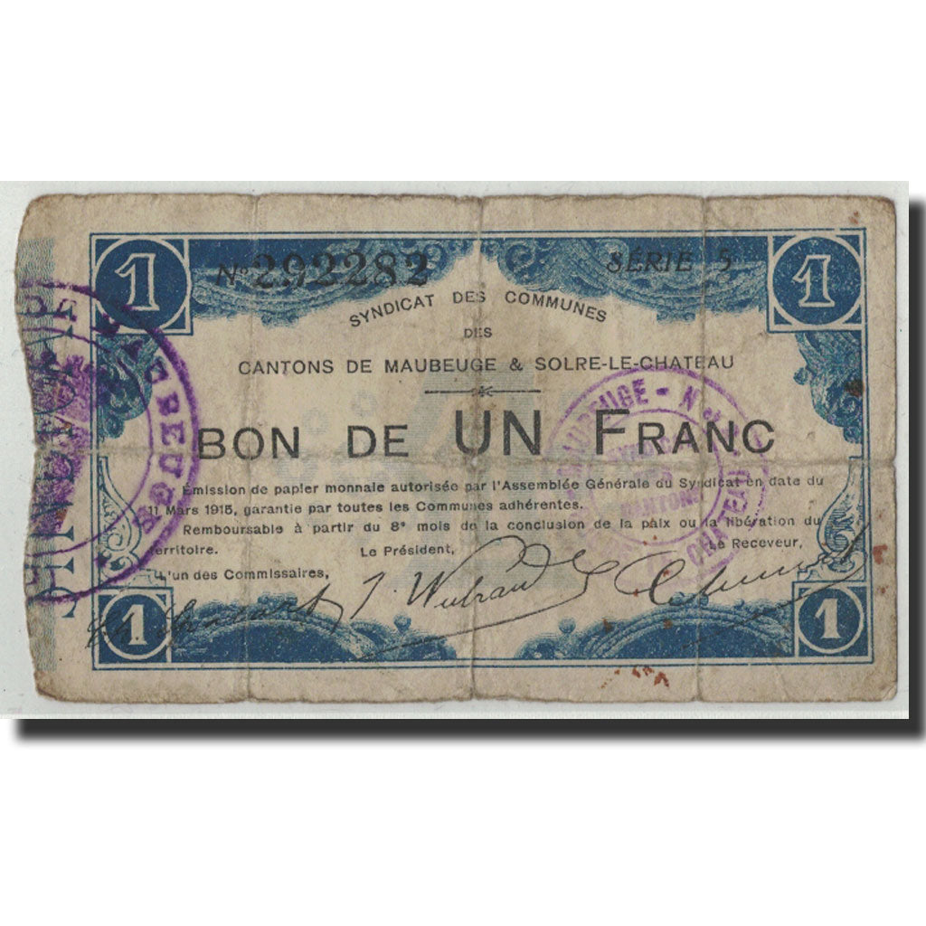 France, Maubeuge et Solre-Chateau, 1 Franc, 1915, VG(8-10), Pirot:59-1815