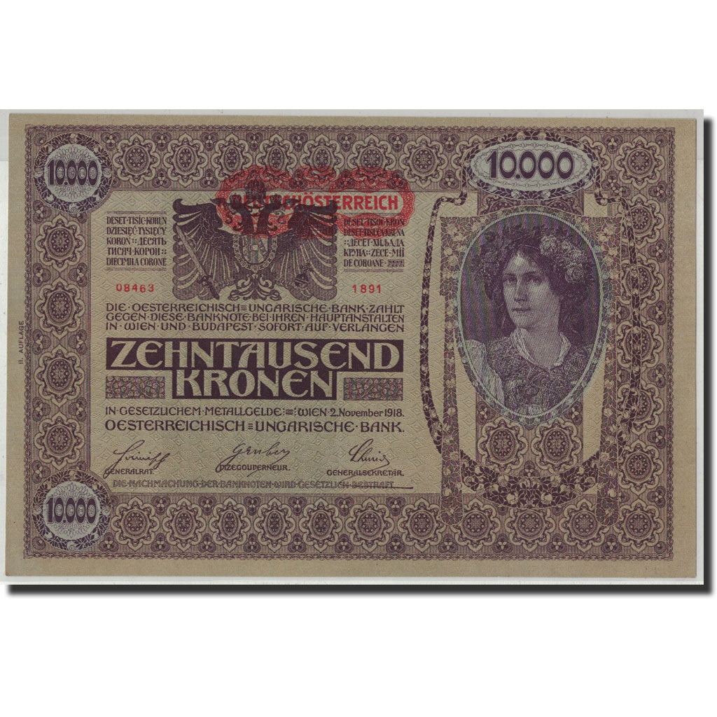 Austria, 10,000 Kronen, Undated (1919), 1918-11-02, KM:66, UNC(64)