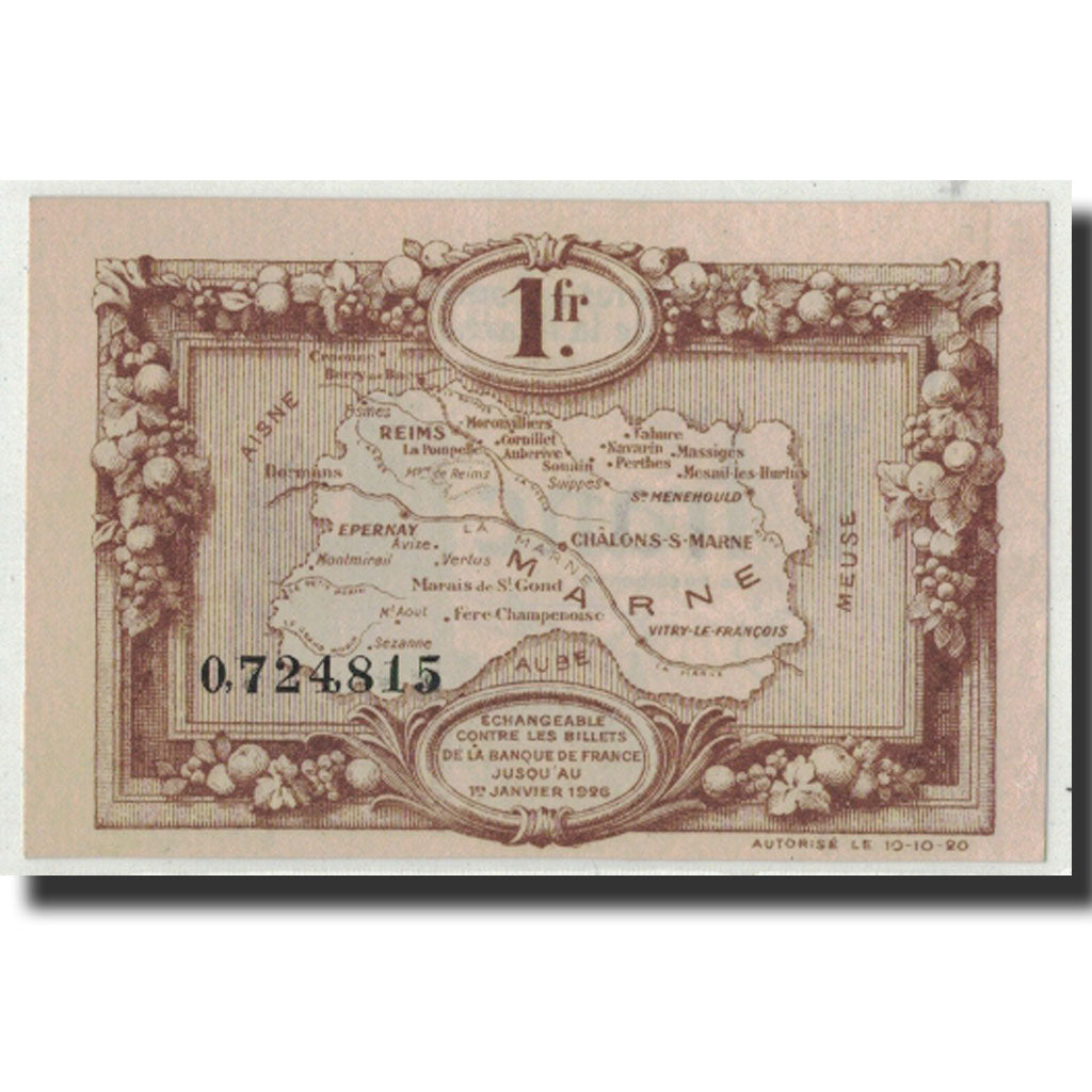 Banknote, Pirot:43-2, 1 Franc, 1920, France, UNC(65-70), Marne